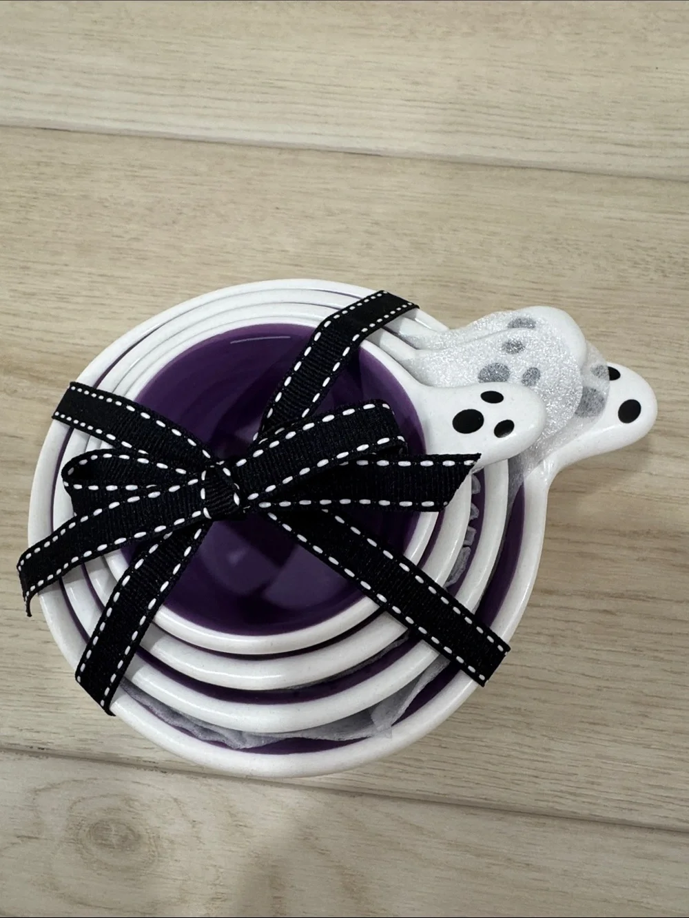 Rae Dunn Ceramic Ghost Measuring Cups - White Exterior and Purple Interior